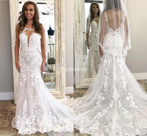 Romantic Lace Mermaid Wedding Dresses Illusion Appliques Backless Sweep Train Country Chapel Bridal Gown Hot Castle Church Vestidoe De Noiva