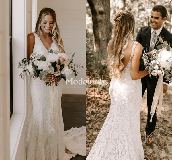 Bohemain Mermaid Lace Wedding Dresses V-Neck Backless Sweep Train Stylish Country Garden Bridal Gowns Elegant Church Beach Vestidoe De Noiva