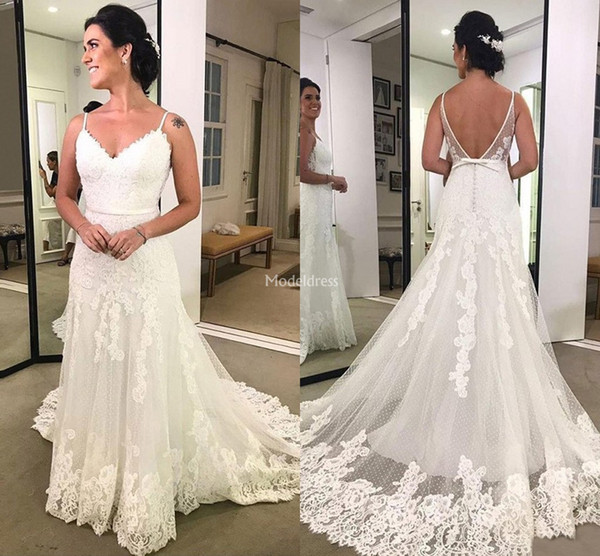 Romantic Lace Wedding Dresses Spaghetti Open Back Appliques Sweep Train Illusion Country Garden Bridal Gowns Chapel Church Vestidoe De Noiva