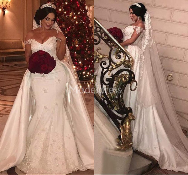 Arabric Lace Mermaid Wedding Dresses With Detachable Train Off Shoulder Castle Chapel Bridal Gowns Charming Plus Size Vestidoe De Noiva