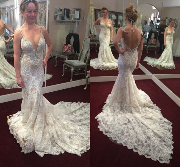 Unique Design Mermaid Wedding Dresses Spaghetti Sexy Backless Trumpet Crystal Court Train Full Lace Bridal Gowns Plus Size Customized