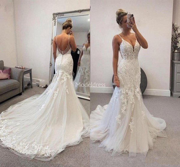 Gorgeous Lace Mermaid Wedding Dresses Spaghetti Backless Appliques Sweep Train Country Church Bridal Gowns Romantic Castle Vestidoe De Noiva