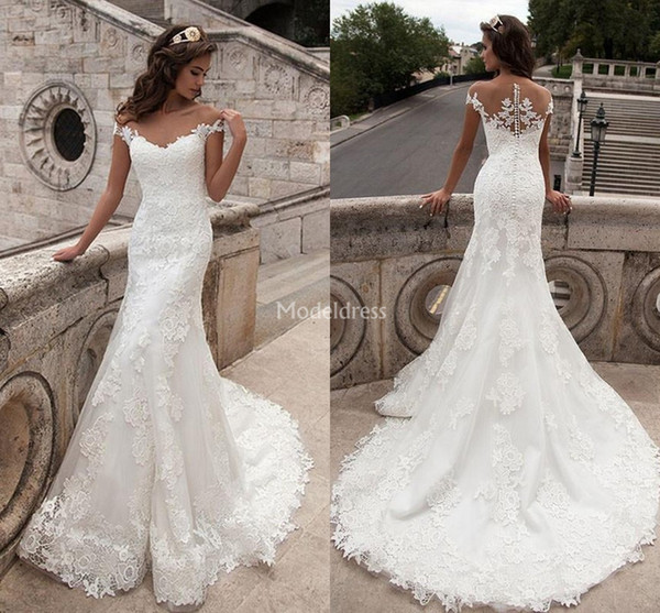 Romantic Mermaid Lace Wedding Dresses Sheer Neck Illusion Appliques Sweep Train Gorgeous Church Bridal Gown Country Chapel Vestidoe De Noiva