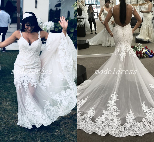 Sexy Illusion Bodice Mermaid Wedding Dresses Spaghetti Backless Sweep Train Appliques Garden Country Bridal Gowns Vestido De Novia 