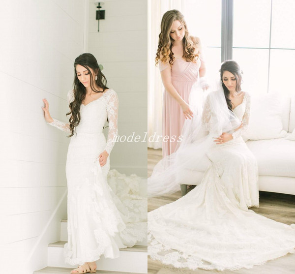 Elegant Long Sleeve Mermaid Wedding Dresses Backless V Neck Court Train Full Lace Country Garden Bridal Gowns robe de mariée Plus Size