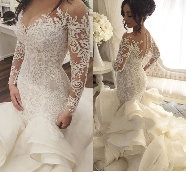 Vintage Plus Size Mermaid Wedding Dresses Long Sleeves Sheer Neck Appliques Lace Chapel Train Bridal Gowns Vestido de Noiva Customized