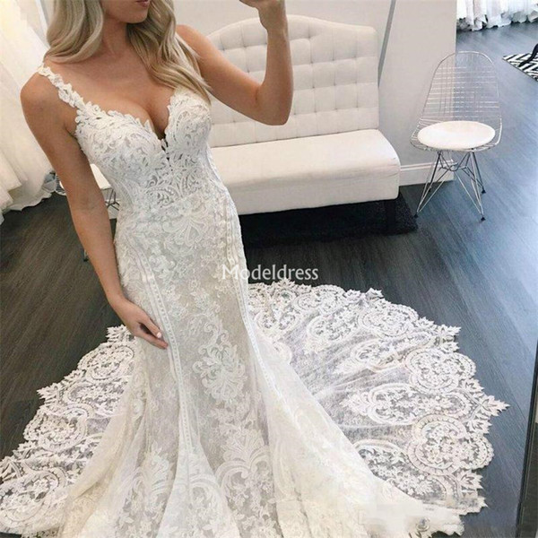 Luxury Lace Mermaid Wedding Dresses For Bride Deep V-Neck Backless Appliques Sweep Train Country Style Bridal Gowns Vestidoe De Noiva Custom