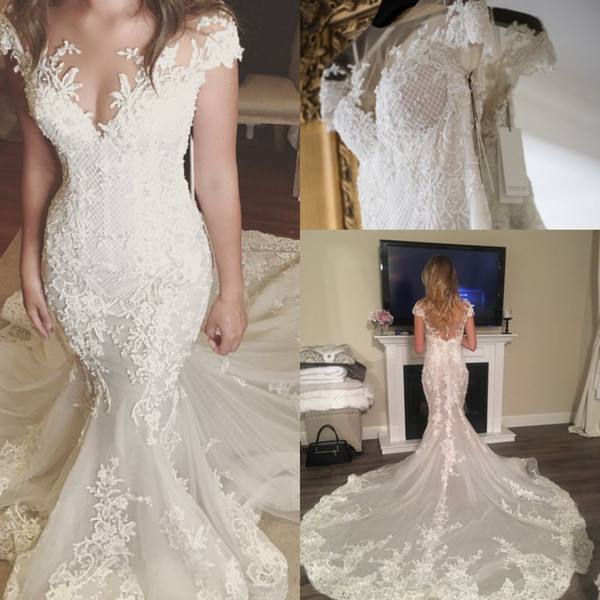 Steven Khalil Mermaid Lace Wedding Dresses Sheer Neck Appliques Pearls Cap Sleeve Chapel Train Bridal Gowns Vestios De Novia Customized