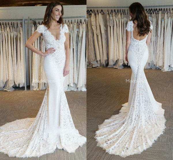 Elegant Lace Mermaid Wedding Dresses V-Neck Backless Sweep Train Country Style Church Bridal Gowns Chic Castle Chapel Vestidoe De Noiva