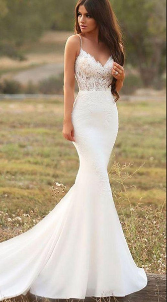 Sexy Mermaid White Wedding Dresses Spaghetti Straps Lace Satin Trumpet Garden Gowns Country Style Bridal Gowns Handmade Vestidos De Noiva