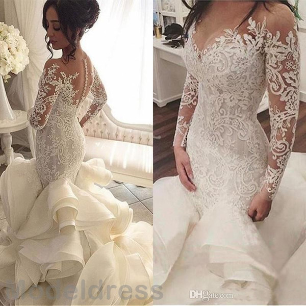 Arabic Gorgeous Memraid Wedding Dresses Sexy Sheer Neck Long Sleeve Tiered Organza Appliques Vintage Luxury Bridal Gowns Plus Size