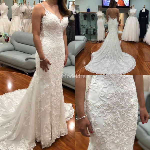 Gorgeous Lace Mermaid Wedding Dresses V-Neck Backless Sweep Train Elegant Garden Chapel Bridal Gown Charming Chapel Church Vestidoe De Noiva