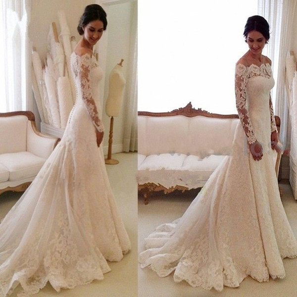 Vintage Long Sleeves Lace Wedding Dresses Off the Shoulder Appliques Mermaid Sweep Train Elegant Bridal Gowns Plus Size Cuatomized Made