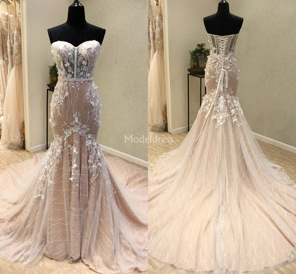 Charming Mermaid Wedding Dresses Sweetheart Illusion Sweep Train Flowers Appliques Lace Up Castle Chapel Bridal Gowns Vestidoe De Noiva