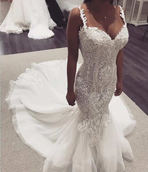 New Lace Mermaid Wedding Dresses For Bride Spaghetti Appliques Sweep Train Country Style Bridal Gowns Luxury Vestidoe De Noiva Custom