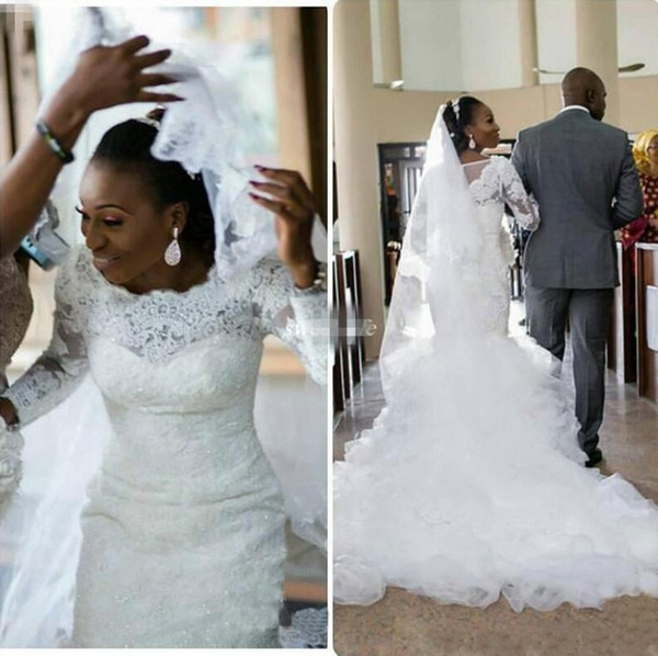 Long Sleeves Mermaid African Wedding Dresses Jewel Appliques Beads Ruffles Court Train Elegant Arabic Bridal Gowns Plus Size Custom