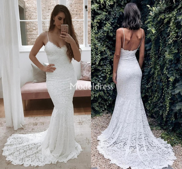 Bohemain Full Lace Mermaid Wedding Dresses Spaghetti Backless Sweep Train Country Style Bridal Gowns Elegant Garden Vestidoe De Noiva Custom