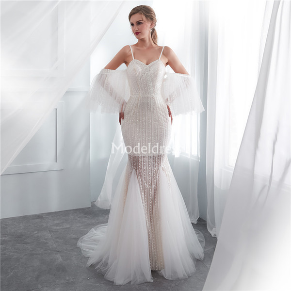 Unique Design Mermaid Ivory Wedding Dresses Spaghetti Illusion Sweep Train Church Country Style Bridal Gowns Castle Chapel Vestidoe De Noiva