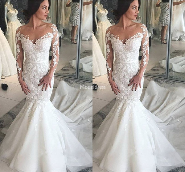 Charming New Mermaid Wedding Dresses Sheer Neck Illusion Long Sleeves Appliques Sweep Train Castle Bridal Gown Chapel Vestidoe De Noiva