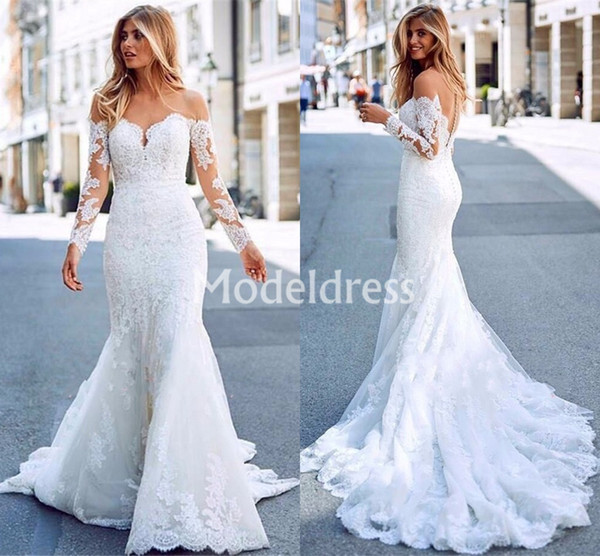 Charming Lace Mermaid Wedding Dresses Sheer Neck Long Sleeves Illusion Sweep Train Country Bridal Gowns Gorgeous Plus Size Vestidoe De Noiva