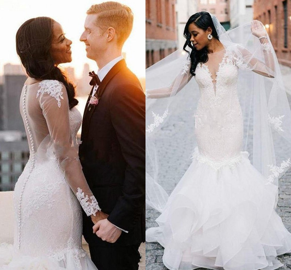 Gorgeous Lace Mermaid Wedding Dresses Long Sleeve Sheer Neck Illusion Bodice Ruffles Appliques Chapel Garden Country Bridal Gowns Plus Size