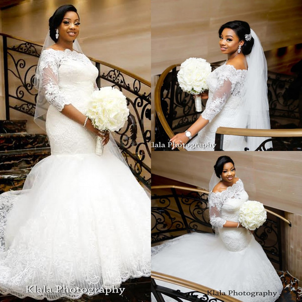 3/4 Long Sleeves Mermaid Wedding Dresses Bateau Lace Appliques Arabic Trumpet Arabic African Bridal Gowns Vestidos De Noiva Plus Size