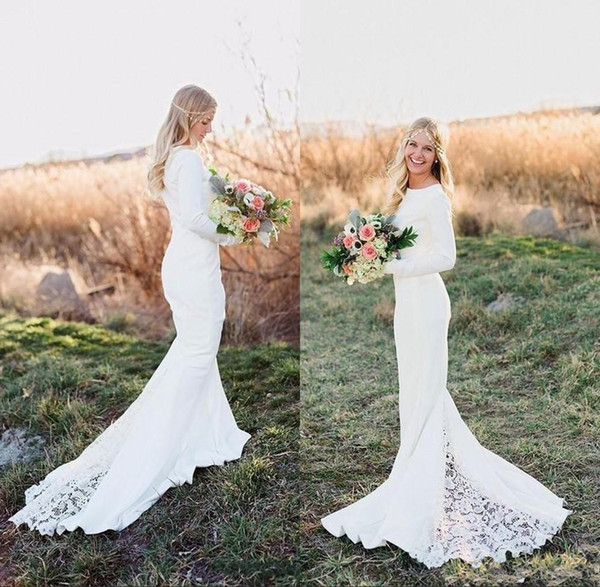Vintage Long Sleeves Western Country Wedding Dresses Jewel Mermaid Zipper Back Sweep Train Lace Boho Bridal Gowns Robe De Soiree Cheap