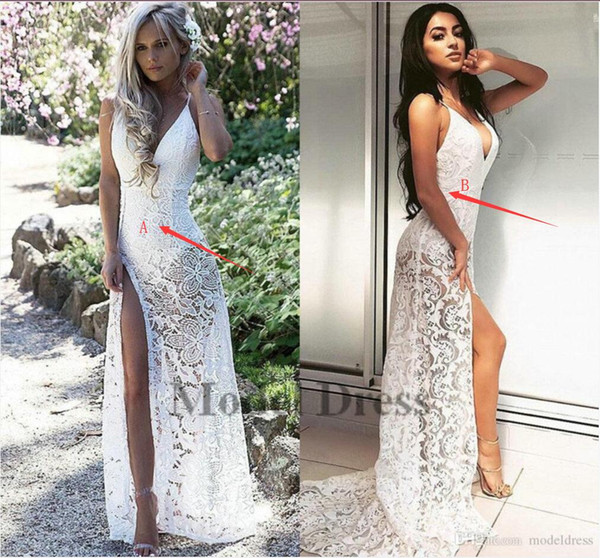 Sexy White Lace Wedding Dresses V Neck Spaghetti Straps Sheath High Split Side Modest Bride Dresses for Weddings New for Sale