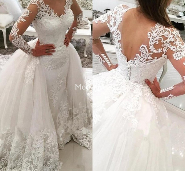 Romantic Lace Wedding Dresses With Detachable Train Illusion Long Sleeves Church Castle Bridal Gown Elegant Country Chapel Vestidoe De Noiva