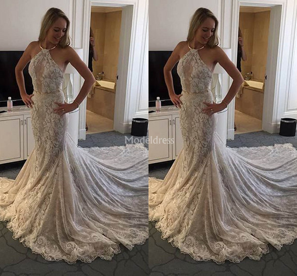 Charming Mermaid Lace Wedding Dresses Halter Neck Sweep Train Appliques Country Style Castle Chapel Bridal Gowns Gorgeous Vestidoe De Noiva
