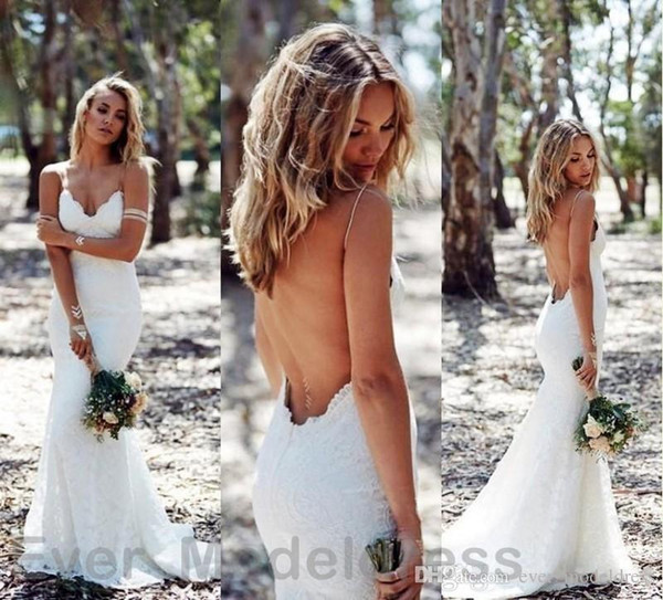 Modest Backless Lace Beach Wedding Dresses Spaghetti Open Back Sweep Train Boho Sexy Bridal Gowns Wedding Guest Dress Cheap Custom