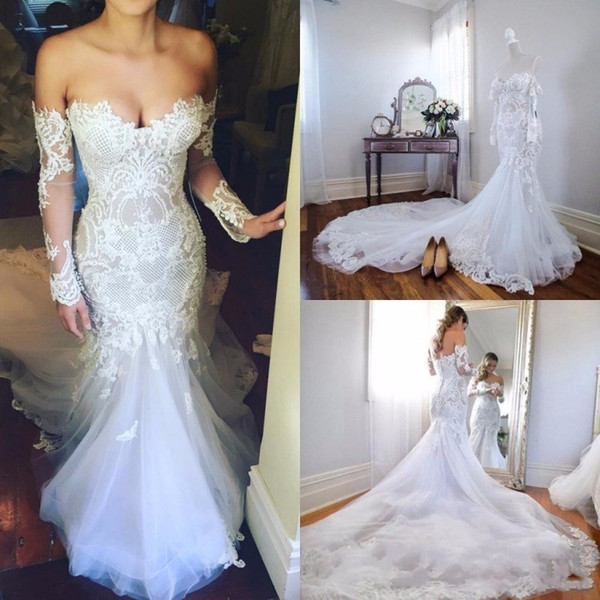 Lastest Chapel Train Lace Wedding Dresses with Detachable Long Sleeves Sweetheart Appliques Mermaid Arabric Luxury Illusion Bridal Gown