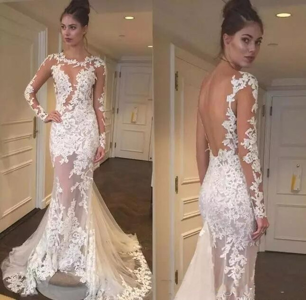 Illusion Bodice Mermaid Wedding Dresses Sheer Long Sleeves Applique Open Back Trumpet Sweep Train Bridal Gowns Cheap Custom Made