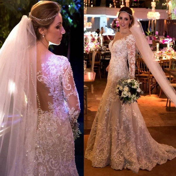 Sparkly Vintage Lace Wedding Dresses Long Sleeves Crystal Beads Illusion Back Mermaid Long Arabic Bridal Gowns Plus Size Cutomized