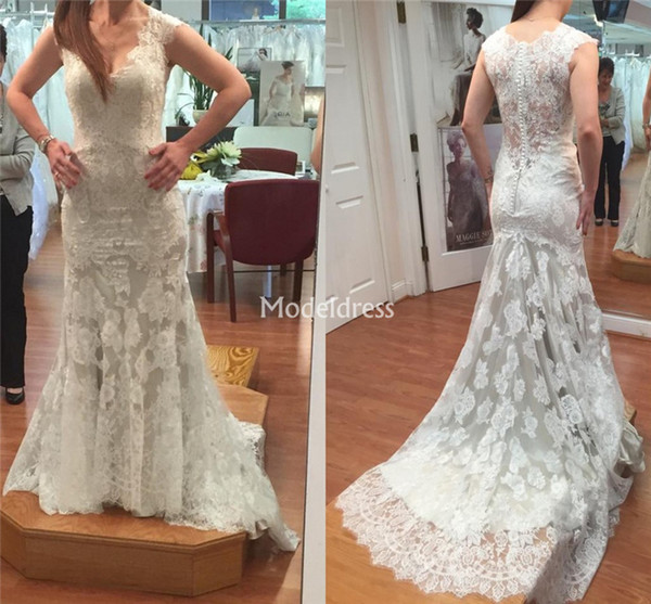 Lace Mermaid Wedding Dresses For Bride V-Neck Sweep Train Illusion Country Style Bridal Gowns Elegant Church Garden Vestidoe De Noiva Custom