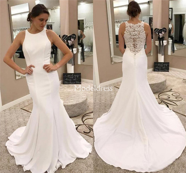 Gorgeous Lace Mermaid Wedding Dresses For Bride Jewel Neck Illusion Covered Buttons Sweep Train Country Bridal Gowns Cheap Vestidoe De Noiva