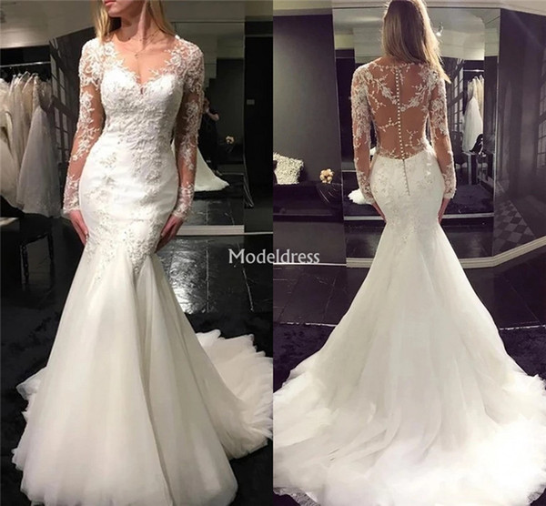 Gorgeous Lace Mermaid Wedding Dresses Sheer Neck Illusion Long Sleeves Sweep Train Country Bridal Gowns Modern Vestidoe De Noiva Custom