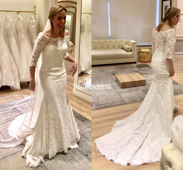 Gorgeous Full Lace Mermaid Wedding Dresses Scoop Neck Half Sleeves Illusion Sweep Train Bridal Gowns Elegant Country Style Vestidoe De Noiva