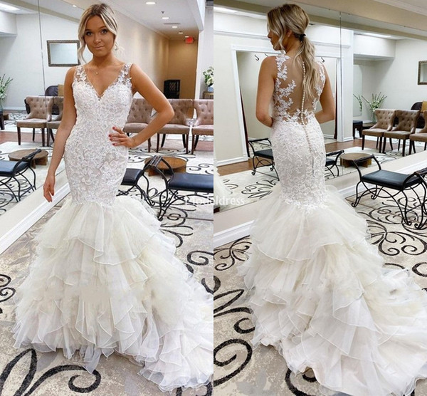 Luxury Lace Mermaid Wedding Dresses V-Neck Illusion Appliques Tiered Sweep Train Elegant Bridal Gowns Country Style Vestidoe De Noiva Custom