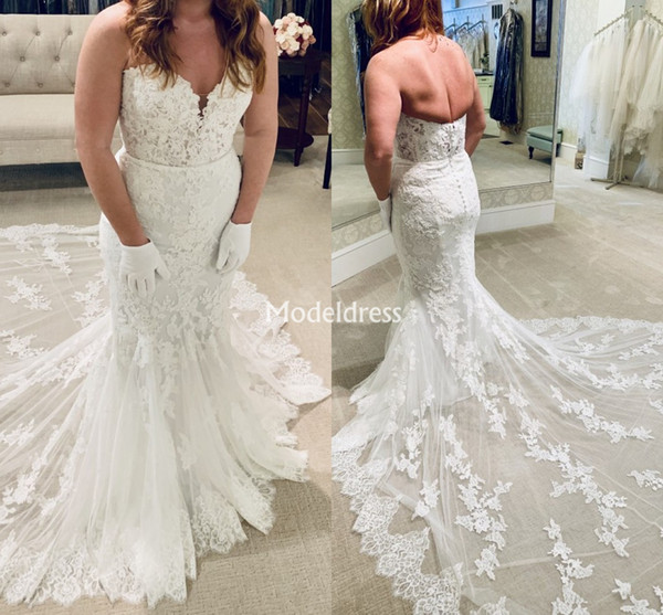 Luxury Mermaid Lace Wedding Dresses For Bride Strapless Appliques Sweep Train Country Style Bridal Gowns Modern Vestidoe De Noiva Custom