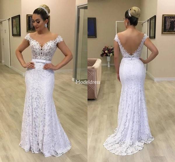 Elegant Lace Mermaid Wedding Dresses For Bride Sheer Neck Illusion Bow Sweep Train Retro Bridal Gowns Country Style Vestidoe De Noiva Custom