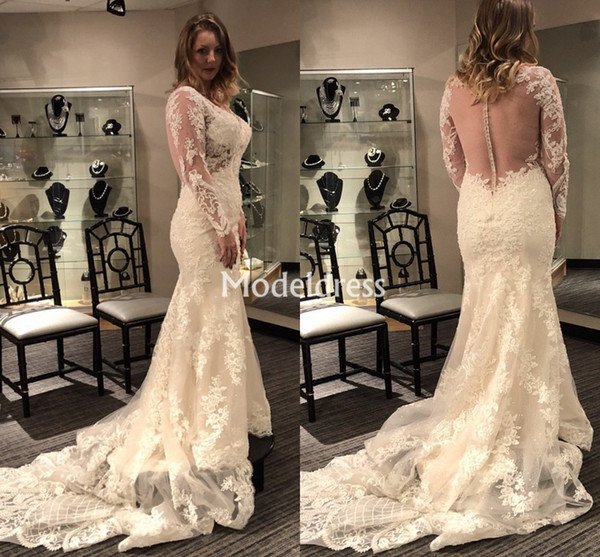 Elegant Mermaid Lace Wedding Dresses V-Neck Illusion Long Sleeves Sweep Train Appliques Country Style Bridal Gowns Stylish Vestidoe De Noiva