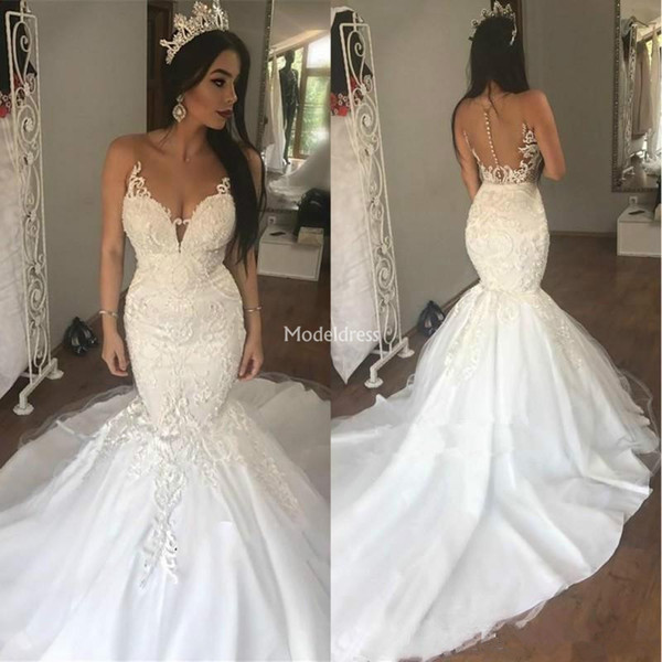 Gorgeous Mermaid Wedding Dresses Sheer Neck Illusion Applique Sweep Train Country Castle Bridal Gown Elegant Chapel Church Vestidoe De Noiva