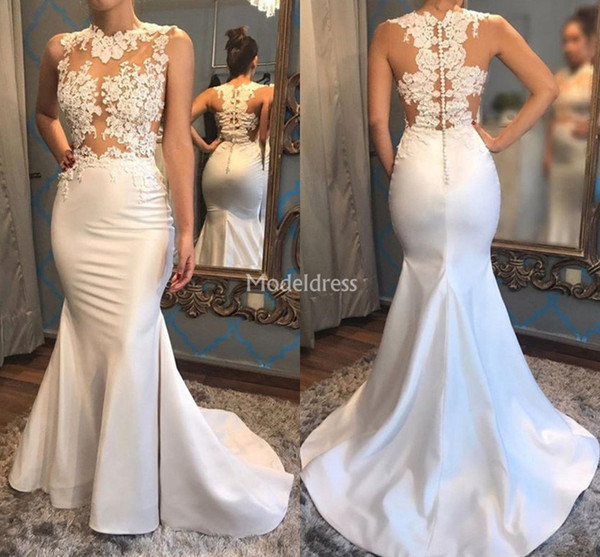 Charming Mermaid Wedding Dresses Appliques Illusion Sweep Train Chic Castle Church Vestidoe De Noiva Modern Country Chapel Bridal Gowns