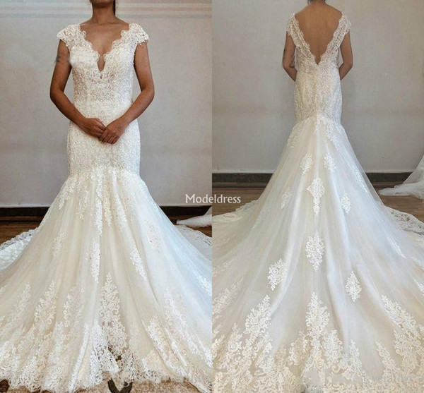 Elegant Mermaid Lace Wedding Dresses V-Neck Backless Appliques Sweep Train Church Chapel Bridal Gowns Modern Castle Vestidoe De Noiva Custom