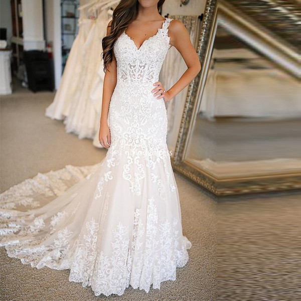 Gorgeous Lace Mermaid Wedding Dresses V-Neck Sweep Train Country Church Bridal Gowns Modern Chic Chapel Castle Vestidoe De Noiva Custom