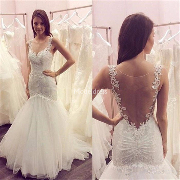 New Arrival Lace Mermaid Wedding Dresses Jewel Neck Illusion Sweep Train Appliques Castle Chapel Bridal Gowns Elegant Vestidoe De Noiva