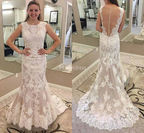 Gorgeous Lace Mermaid Wedding Dresses Jewel Neck Illusion Covered Button Church Country Bridal Gowns Elegant Chapel Castle Vestidoe De Noiva