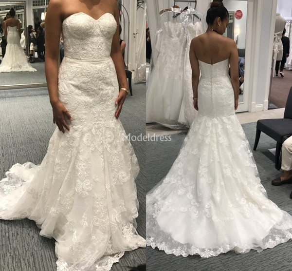 Stylish Lace Mermaid Wedding Dresses Strapless Open Back Sweep Train Garden Castle Bridal Gowns Modern Cheap Chapel Church Vestidoe De Noiva
