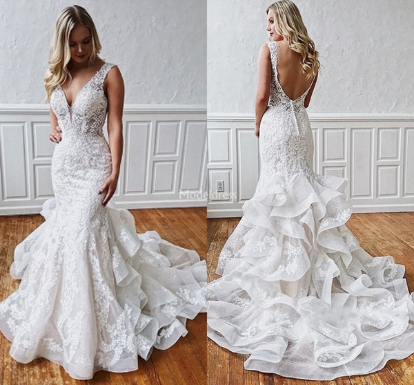 Charming Lace Tiered Mermaid Wedding Dresses Deep V-Neck Backless Sweep Train Castle Church Bridal Gown Hot Country Chapel Vestidoe De Noiva